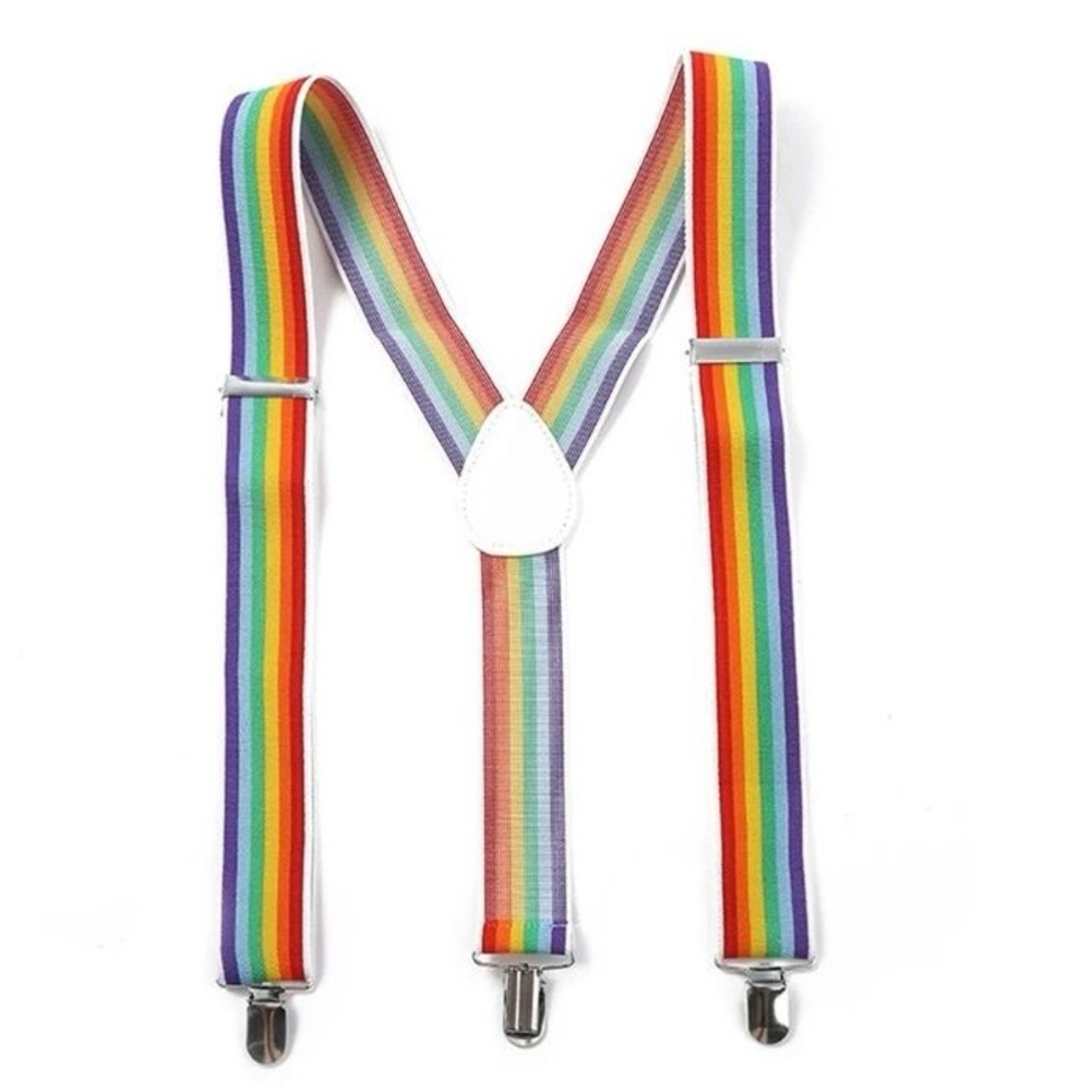 Clip-on Suspenders Elastic Seven Color Rainbow Stripe Pattern Y-back
